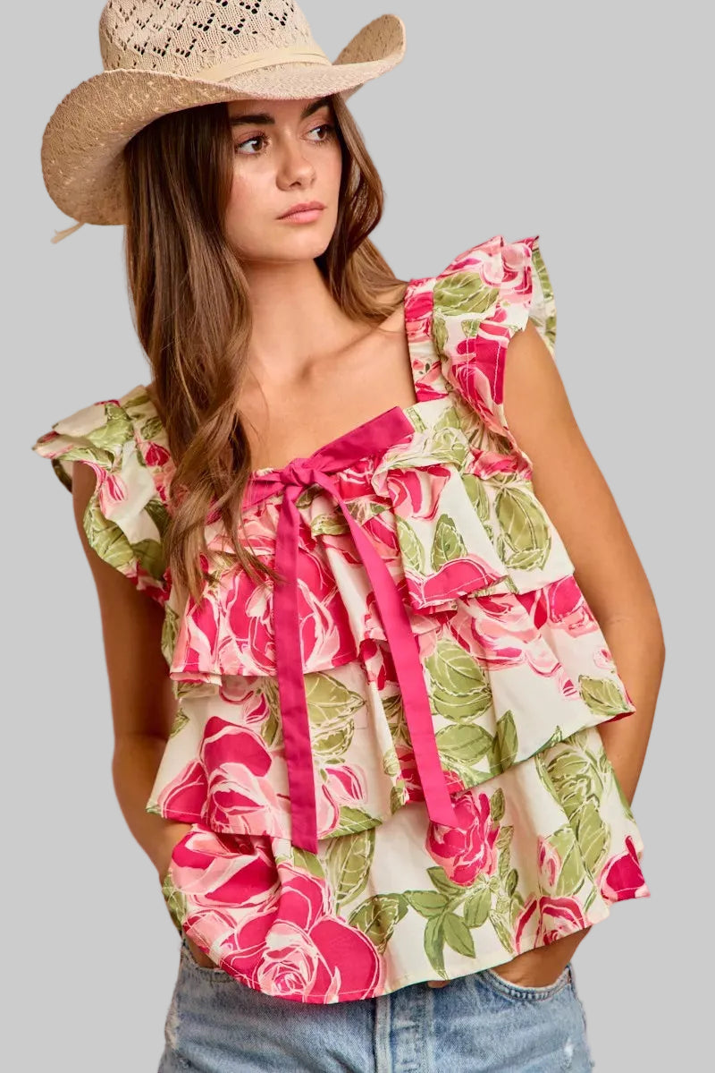 Pink Floral Print Woven Bow Tie Ruffle Square Neck Top | Tigbuls