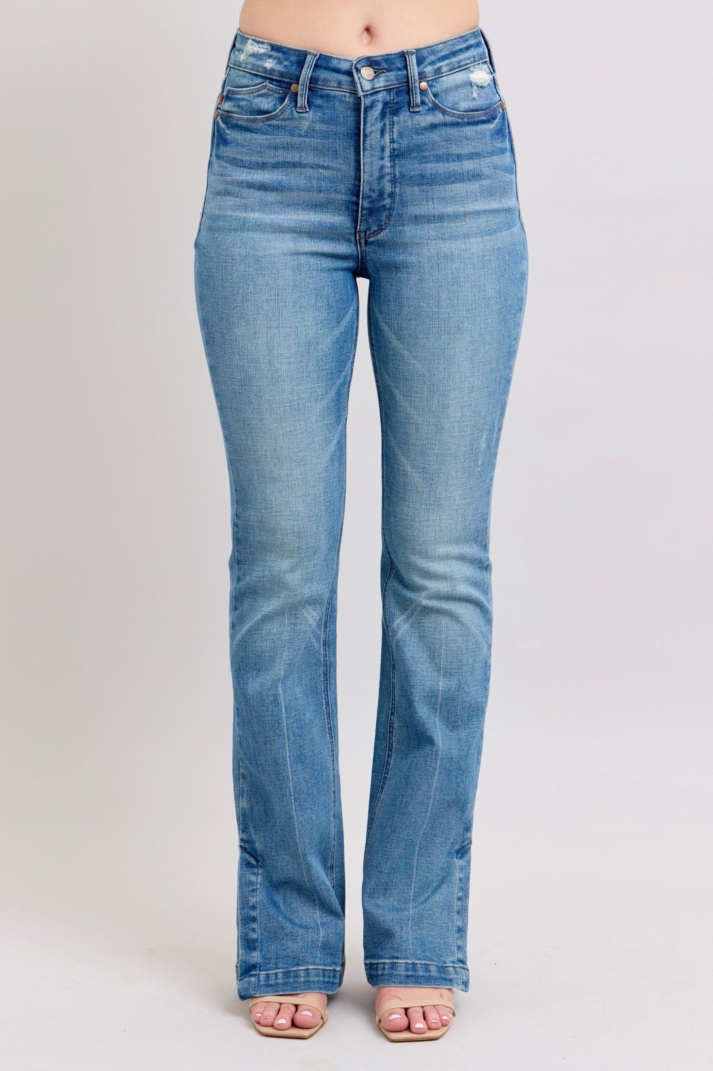 Judy Blue HW Tummy Control Vintage Wash Side Slit Slim Boot Jeans - Tigbul's Variety Fashion Shop