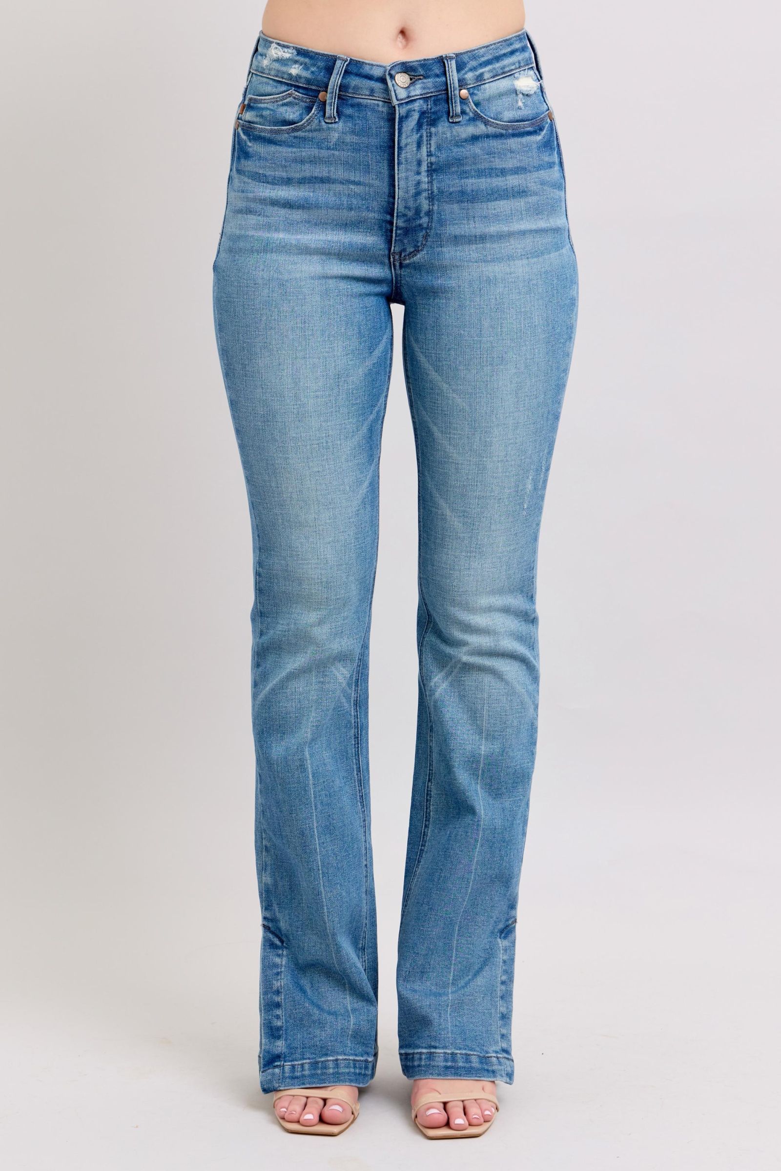 Judy Blue HW Tummy Control Vintage Wash Side Slit Slim Boot Jeans - Tigbul's Variety Fashion Shop