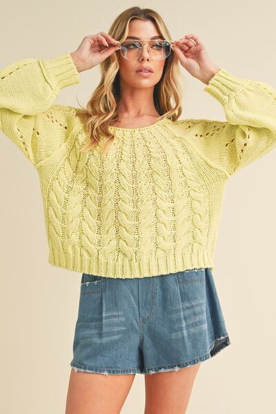 Yellow Cable-Knit Openwork Round Neck Sweater | Tigbuls