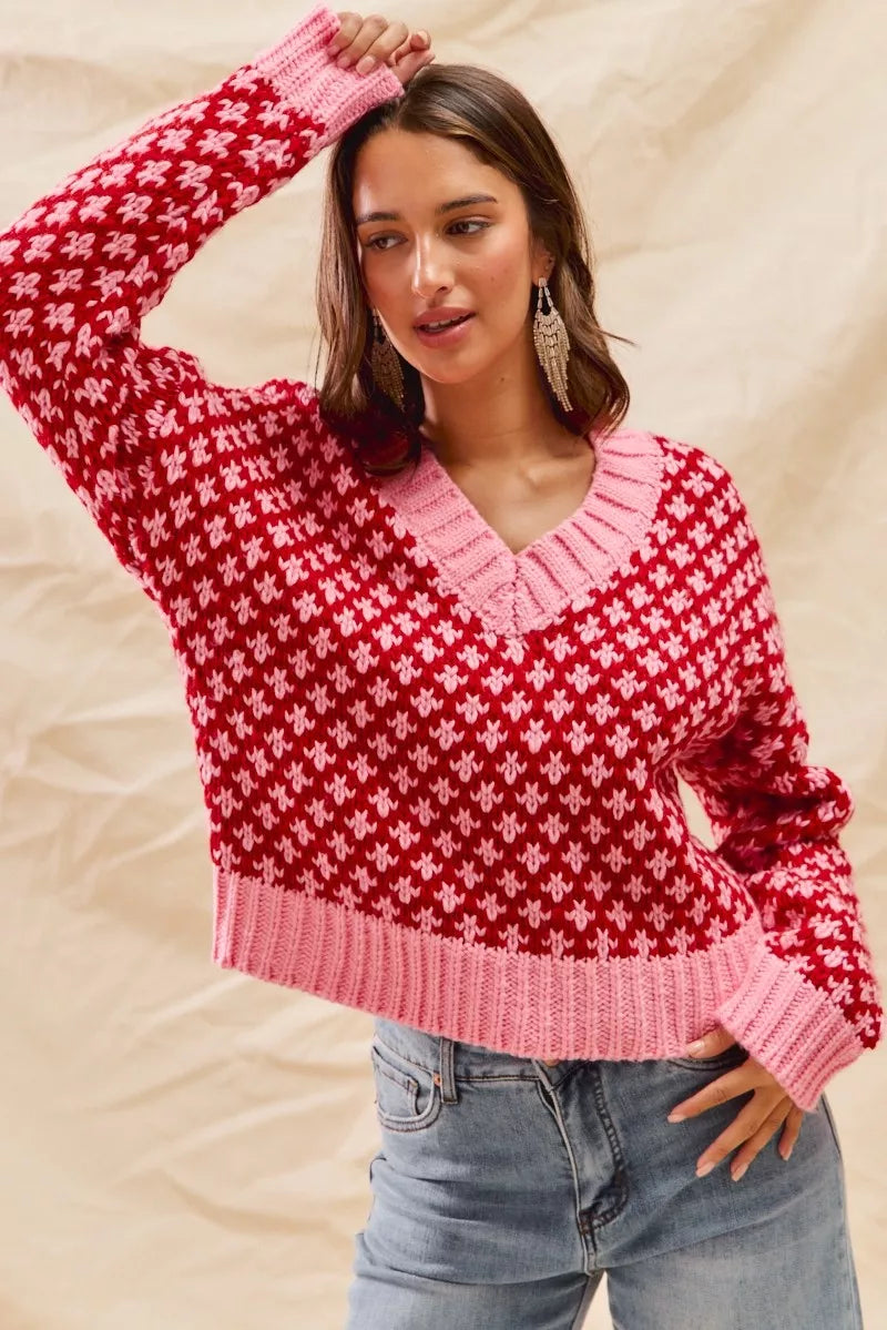SO ME Color Block Textured Christmas Sweater V Neck Top - Tigbul's Variety Fashion Shop