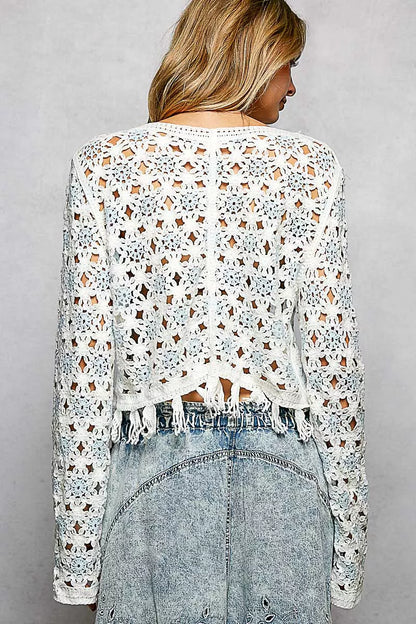 Off White, Blue Openwork Floral Crochet Cardigan with Tassel Hem | Tigbuls