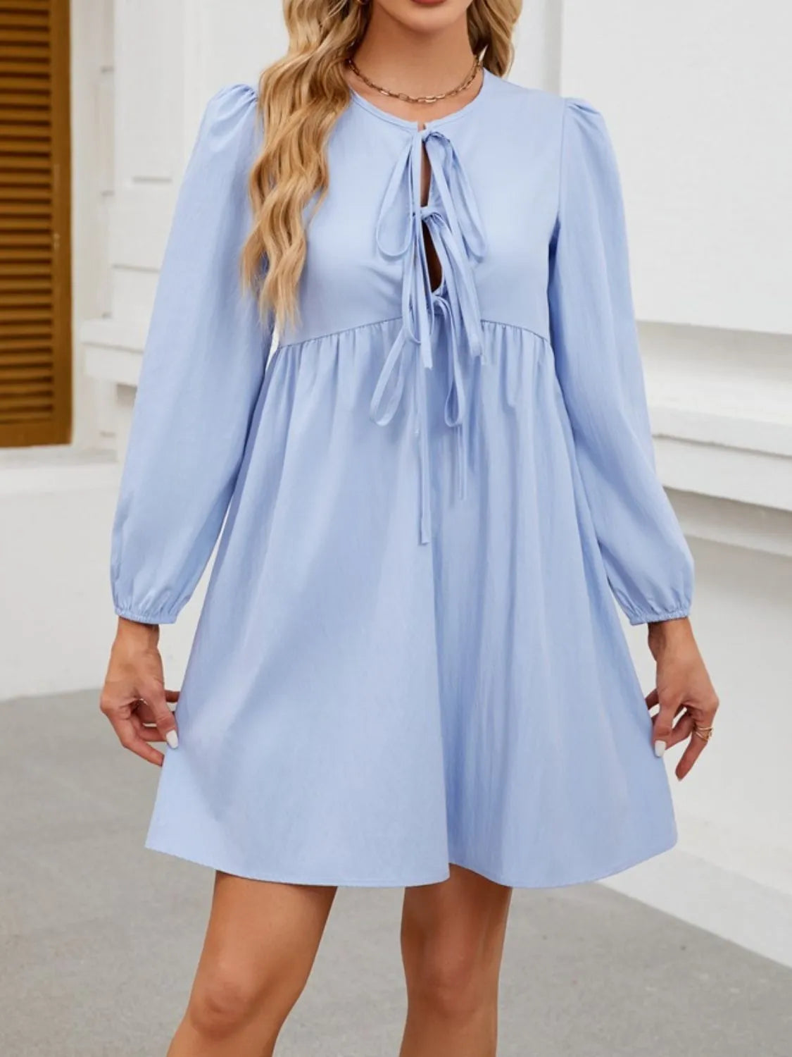 Tie Front Long Sleeve Mini Dress - Tigbul's Variety Fashion Shop