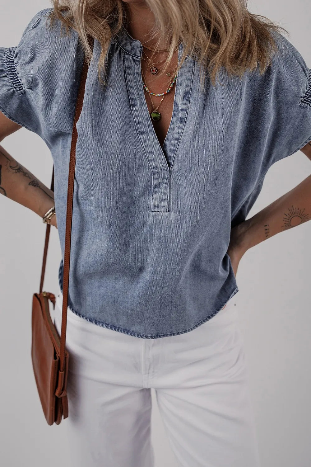V Neck Ruffled Short Puff Sleeve Denim Top - Tigbul's Variety Fashion Shop