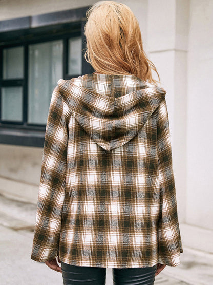 Pocketed Plaid Long Sleeve Hooded Jacket - Tigbul's Variety Fashion Shop