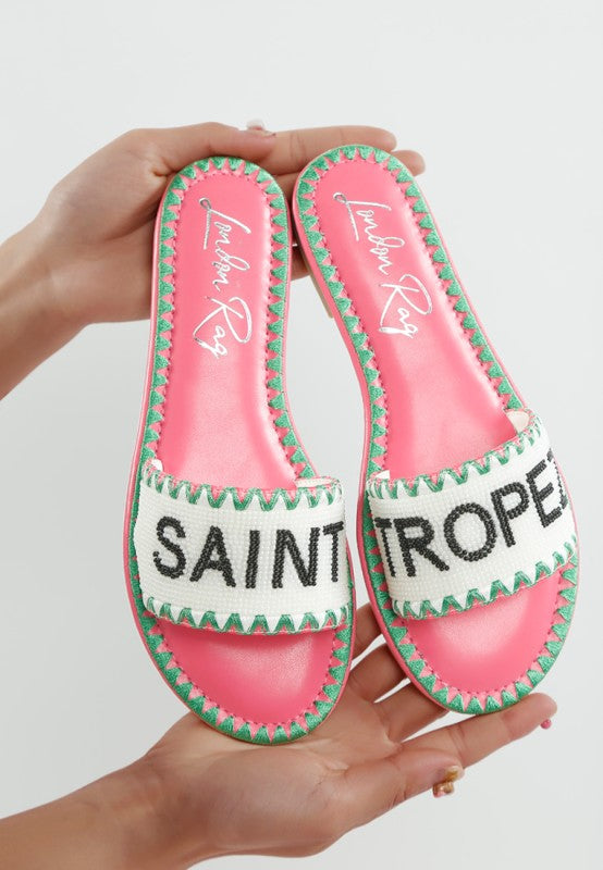 Luxe Getaway Beaded Saint Tropez Flat Slip Ons - Tigbul's Variety Fashion Shop