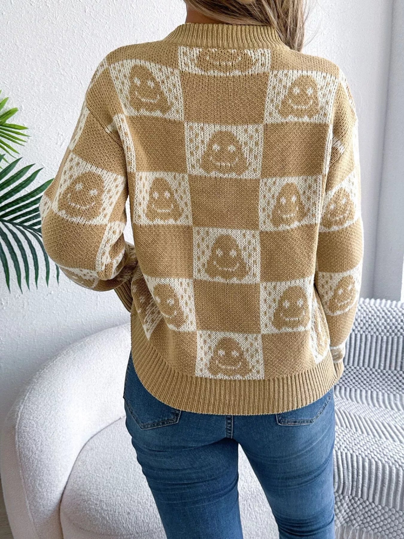 Halloween Ghost Pattern Checkered Round Neck Sweater - Tigbul's Variety Fashion Shop