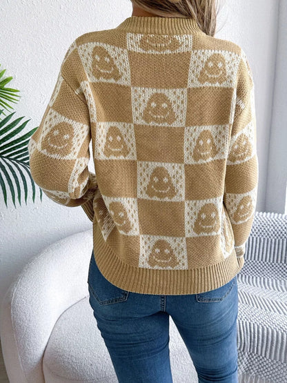 Halloween Ghost Pattern Checkered Round Neck Sweater - Tigbul's Variety Fashion Shop