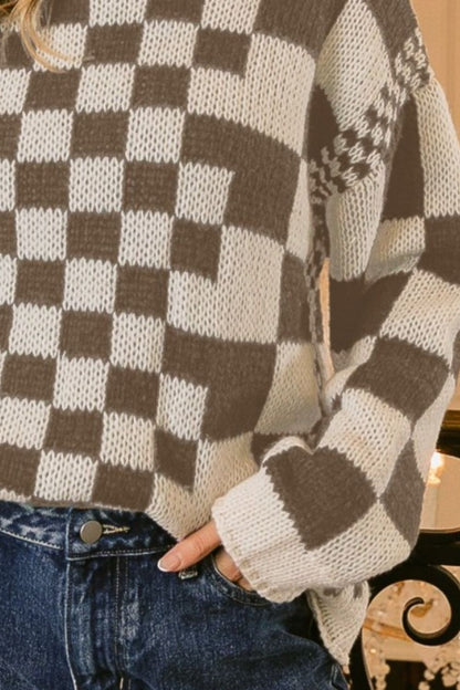 BiBi Checkered Contrast Chunky Sweater - Tigbul's Variety Fashion Shop