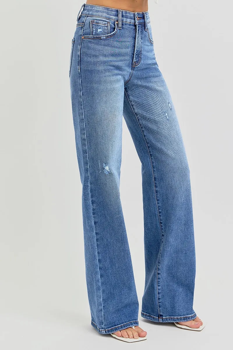 RISEN Full Size Tummy Control Elastic Band High Rise Wide Jeans Plus Size - Tigbul's Variety Fashion Shop