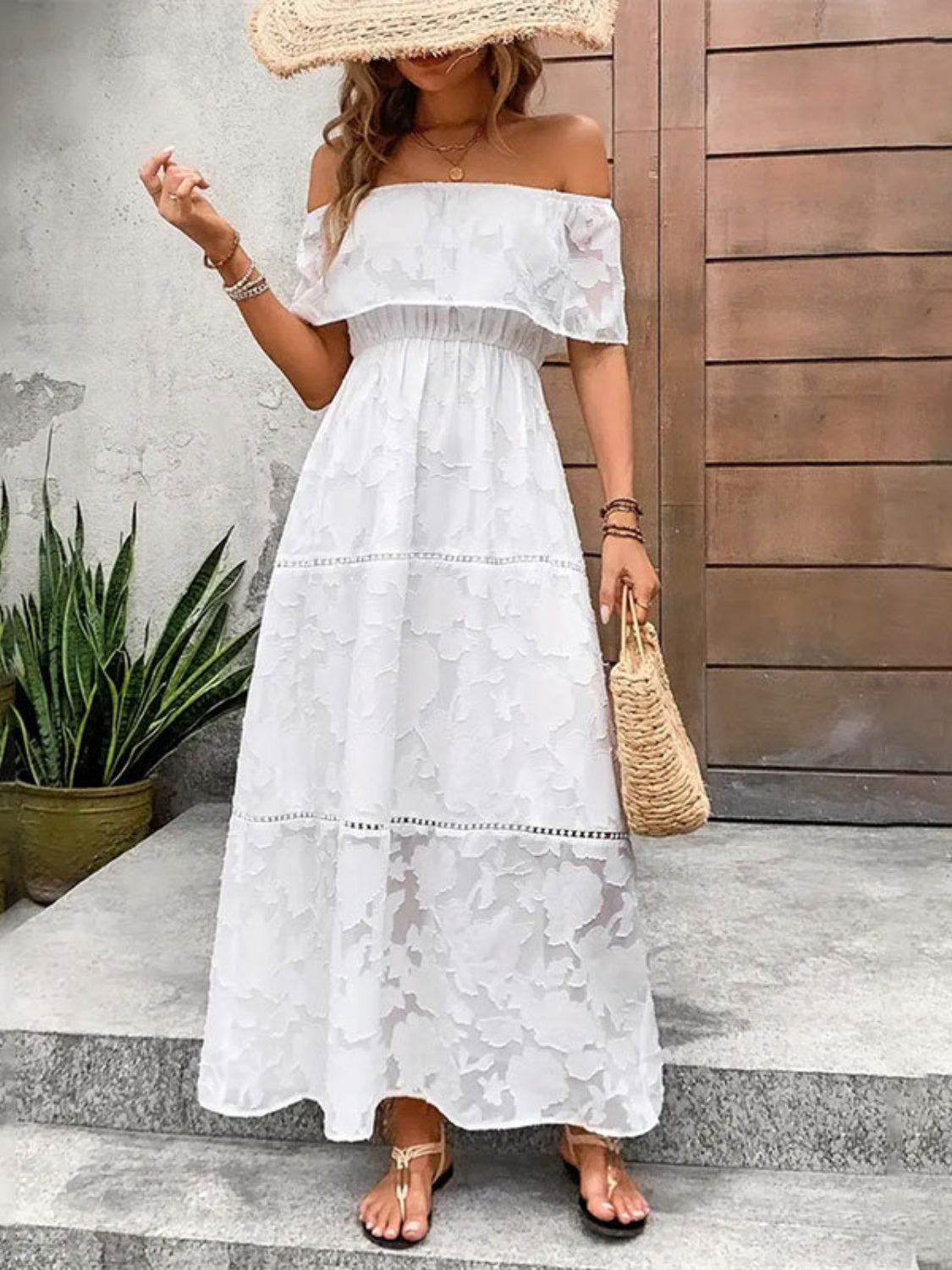 Off-Shoulder Short Sleeve Maxi Dress - Tigbul's Variety Fashion Shop