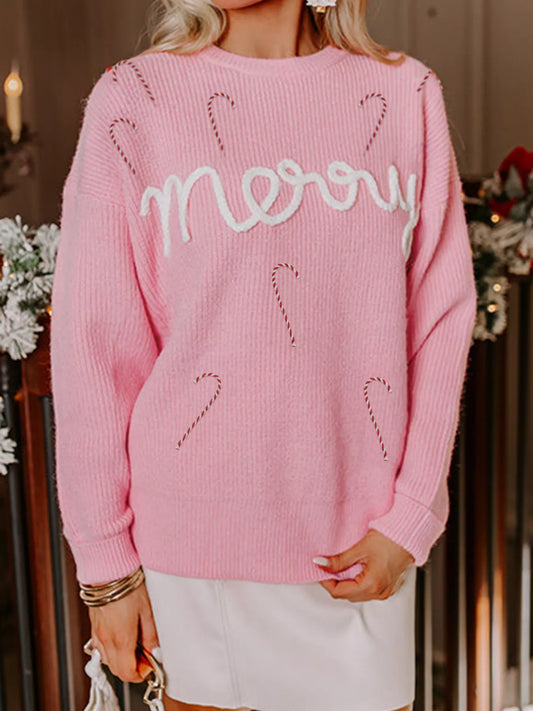 Merry Candy Cane Christmas Crew Neck Sweater - Tigbul's Variety Fashion Shop