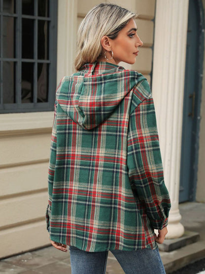 Drawstring Plaid Hooded Long Sleeve Top - Tigbul's Variety Fashion Shop