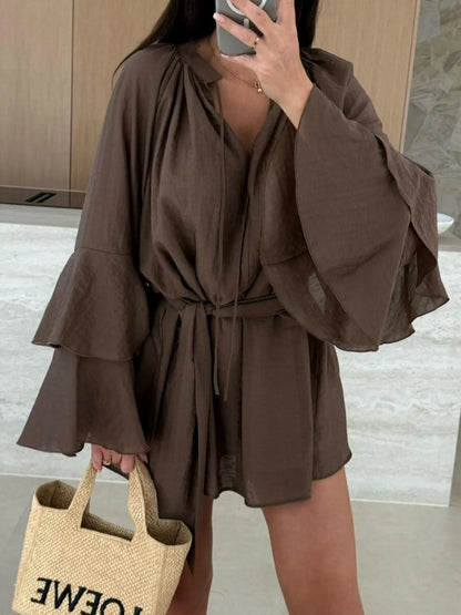 Bell Sleeve Tie Waist Mini Shirt Dress - Tigbul's Variety Fashion Shop