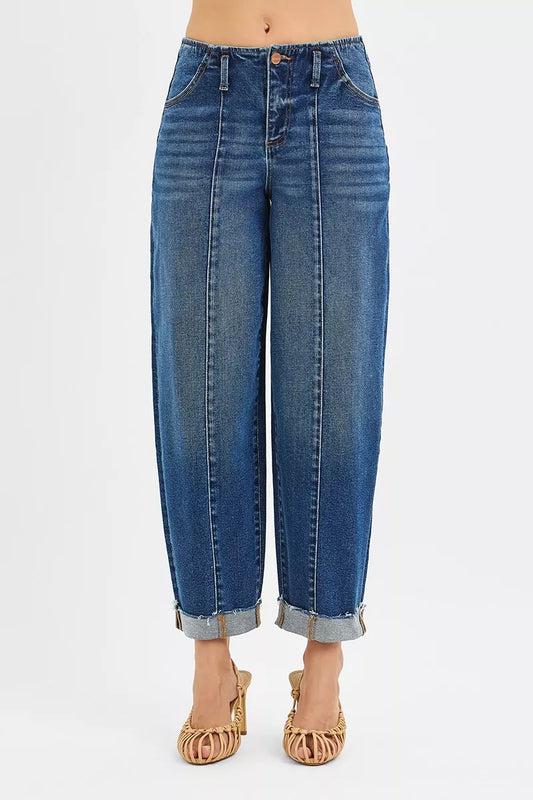 RISEN High Rise Fit Barrel Cuffed Jeans - Tigbul's Variety Fashion Shop