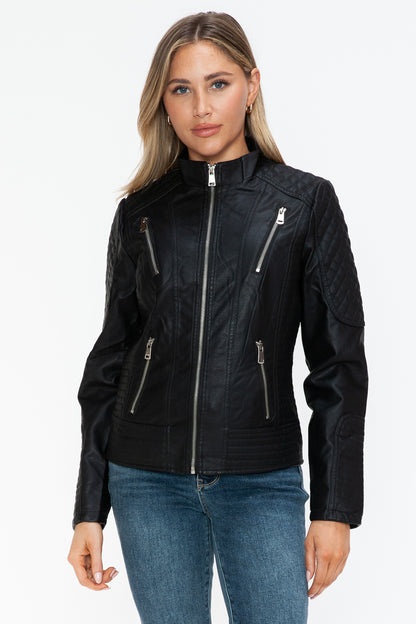 Black Faux Leather Zip Up Mock Neck Jacket