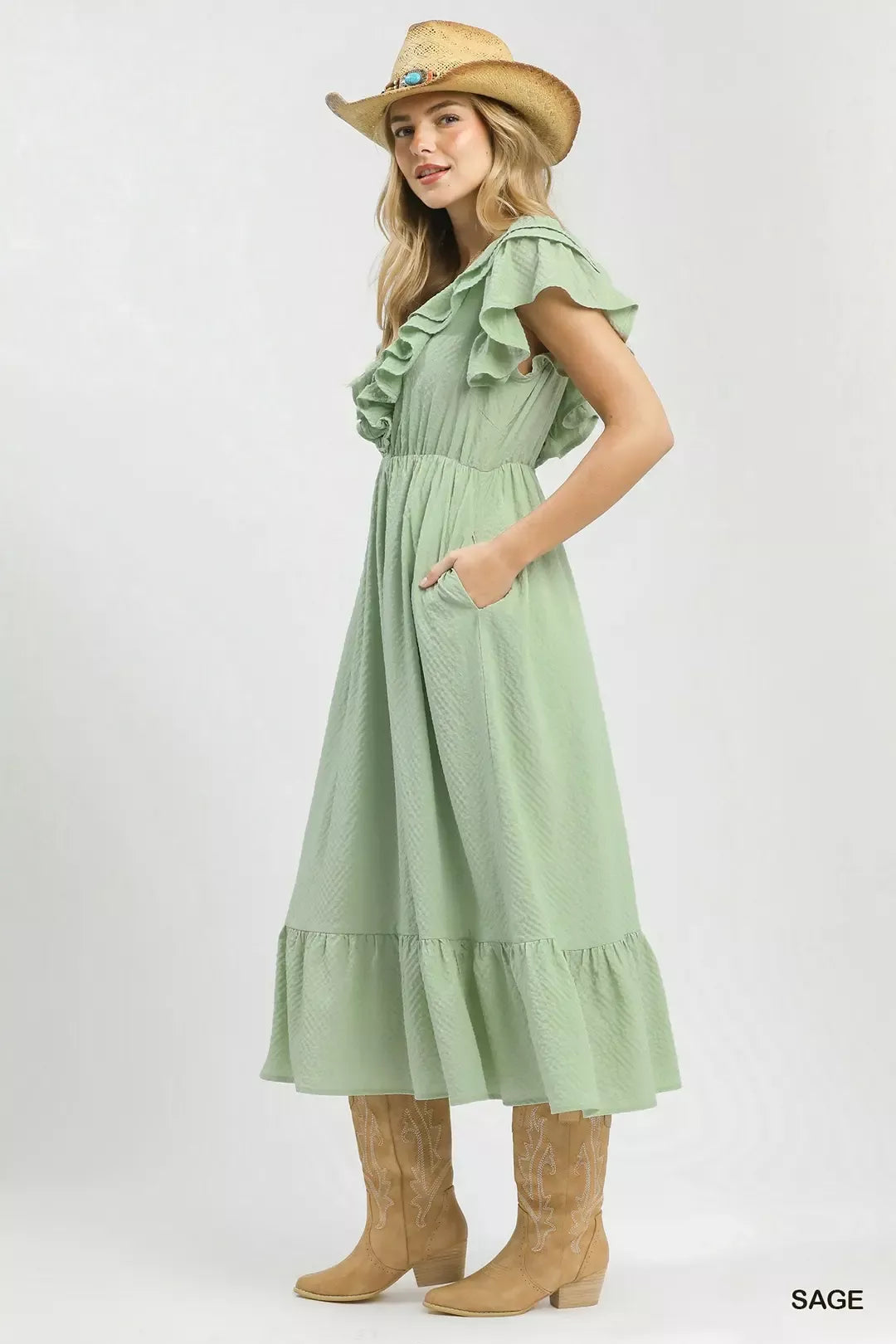 Umgee Textured Ruffle Midi Dress - Tigbul's Variety Fashion Shop