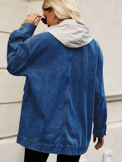 Oversized Button Up Denim Jacket with Hood - Tigbul's Variety Fashion Shop