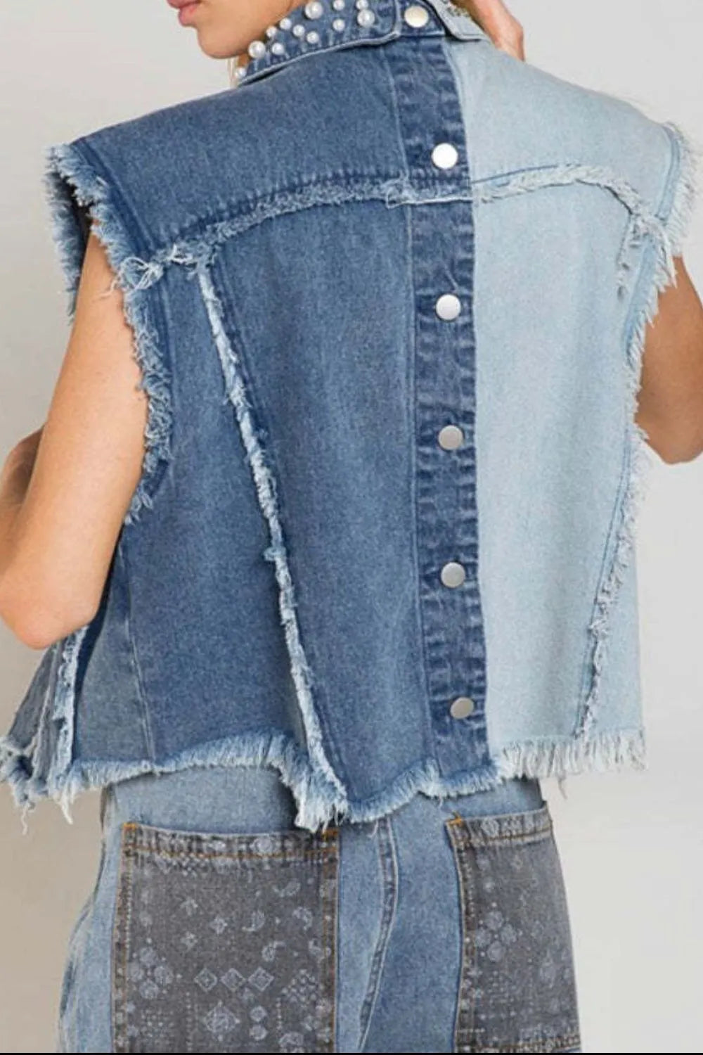 Pearl Detail Raw Hem Button Up Blue Denim Vest - Tigbul's Variety Fashion Shop