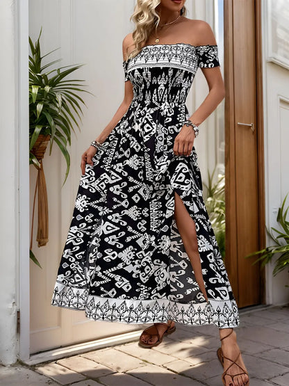 Black Slit Printed Off-Shoulder Dress - Tigbul's Variety Fashion Shop