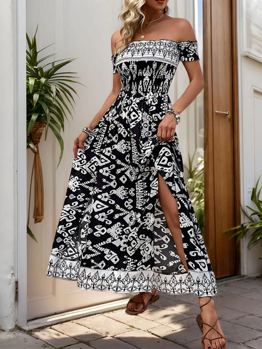Black Slit Printed Off-Shoulder Dress - Tigbul's Variety Fashion Shop