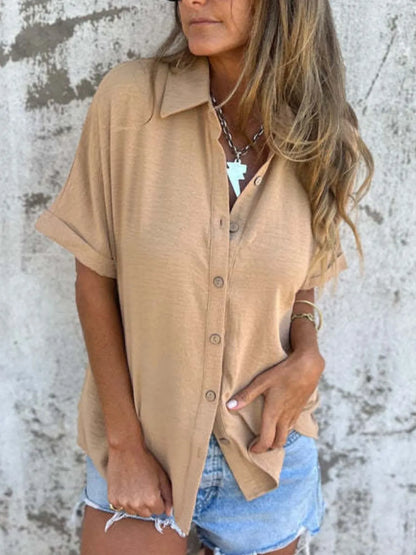 Full Size Collared Neck Half Sleeve Shirt - Tigbul's Variety Fashion Shop