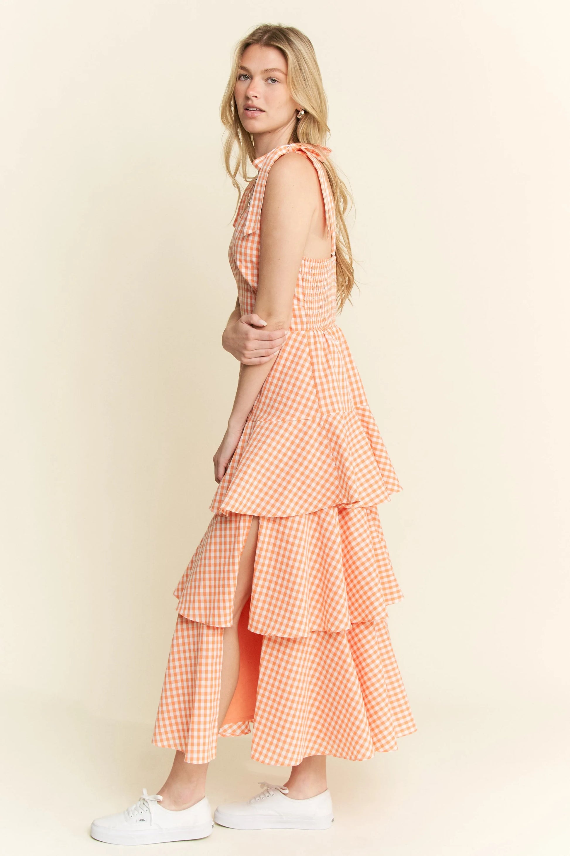Orange Sleeveless Gingham Print Tiered Midi Dress - Tigbul's Variety Fashion Shop