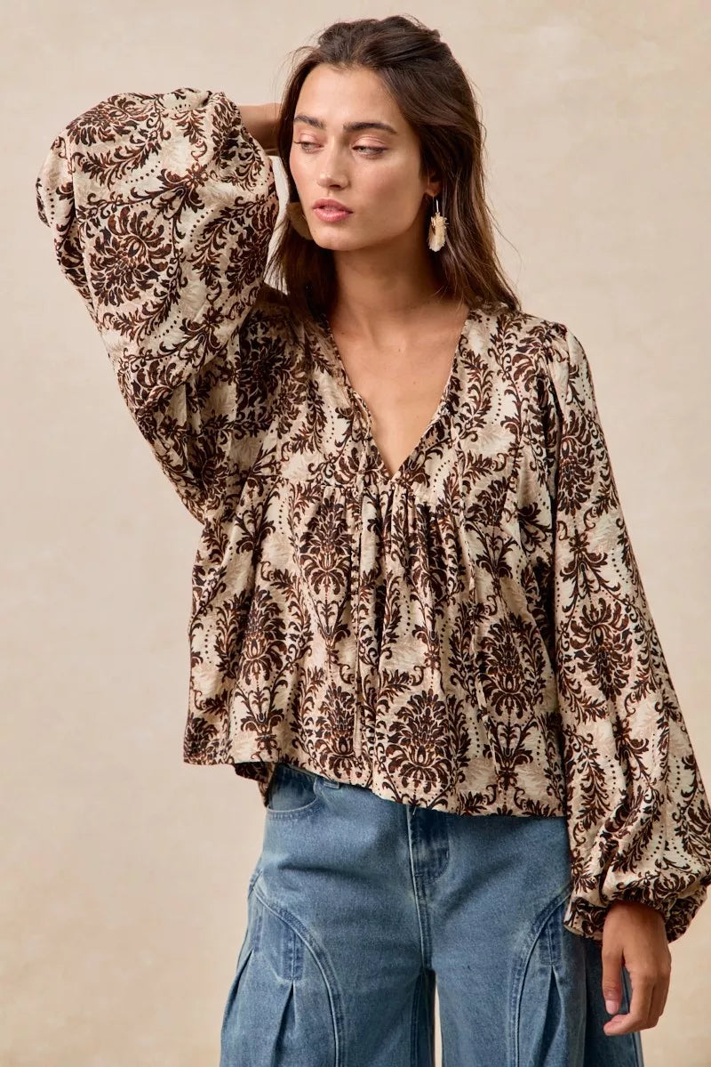 BiBi Printed Woven Front Tied Blouse with Baloon Sleeve - Tigbul's Variety Fashion Shop