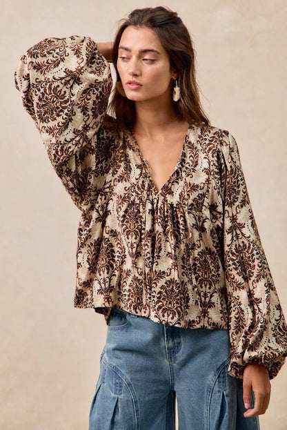 BiBi Printed Woven Front Tied Blouse with Baloon Sleeve - Tigbul's Variety Fashion Shop