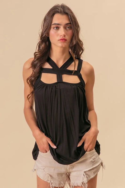 Black Rayon Span Jersey Cut Out with Straps Detailed - Tigbul's Variety Fashion Shop