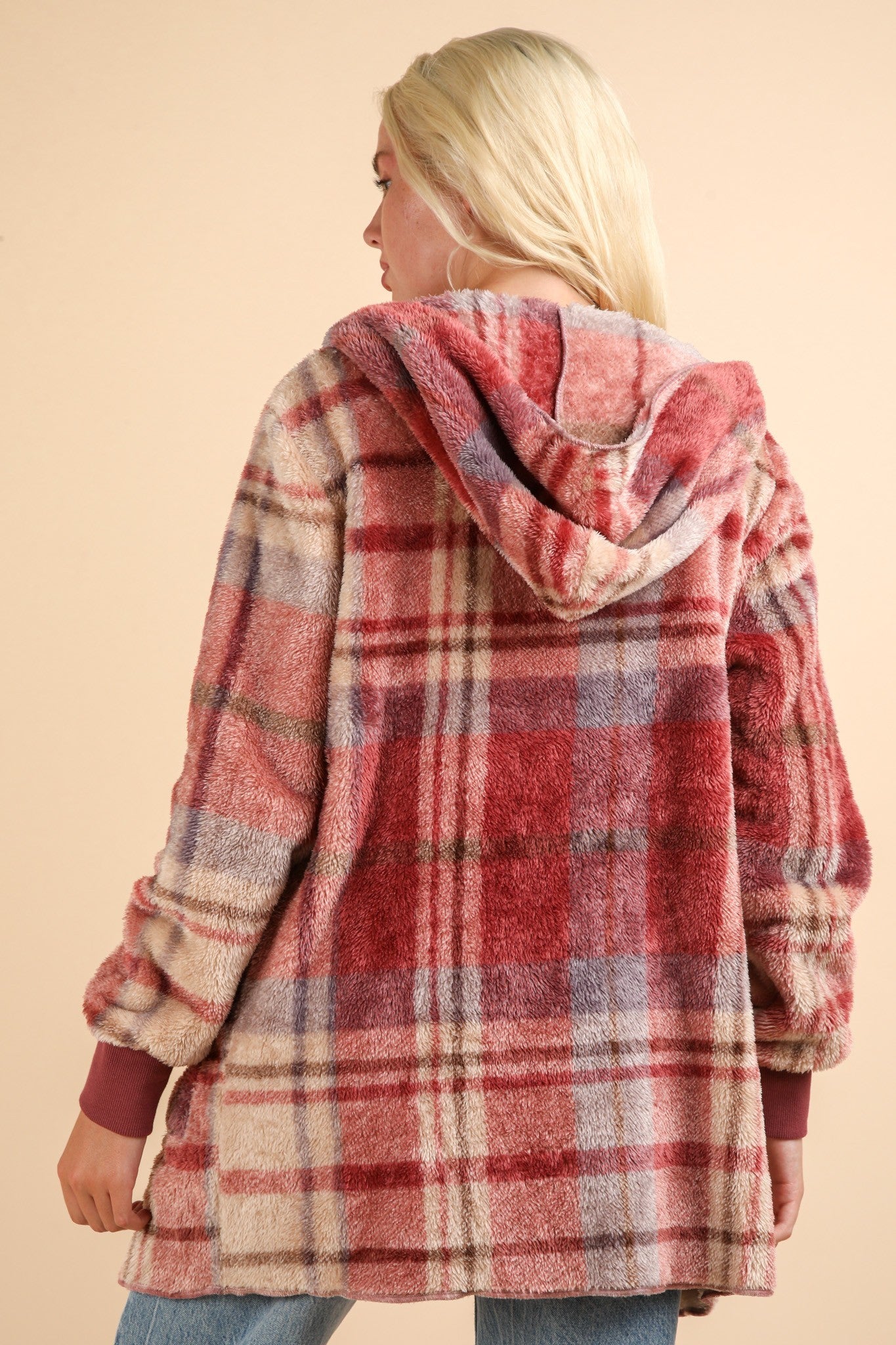 VERY J Fuzzy Plaid Long Sleeve Hooded Jacket - Tigbul's Variety Fashion Shop