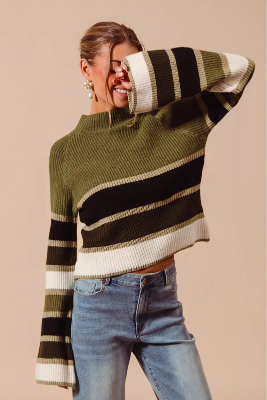 Multi Color Striped Mock Neck Sweater - Tigbul's Variety Fashion Shop