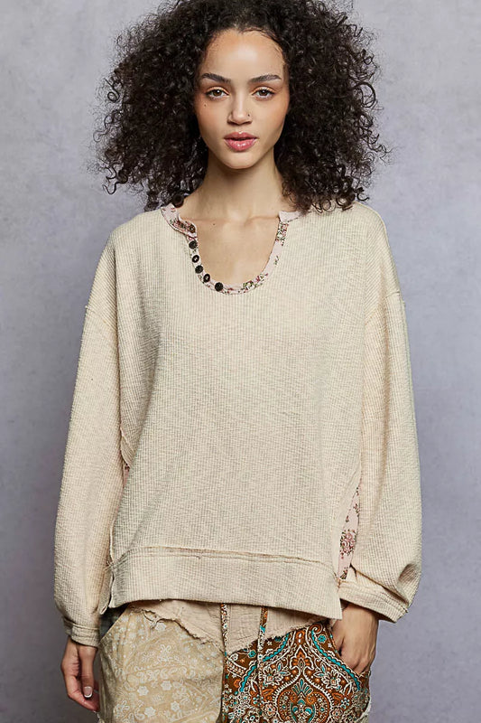 POL Balloon Sleeve Oversized Ribbed Top with Floral Pattern Contrast - Tigbul's Variety Fashion Shop