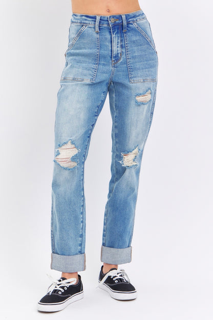 Judy Blue Full Size Distressed Straight Jeans with Patch Pockets - Tigbul's Variety Fashion Shop