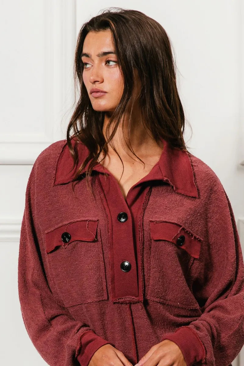 BiBi Cp French Terry Cut Edge Detail Collared Top - Tigbul's Variety Fashion Shop