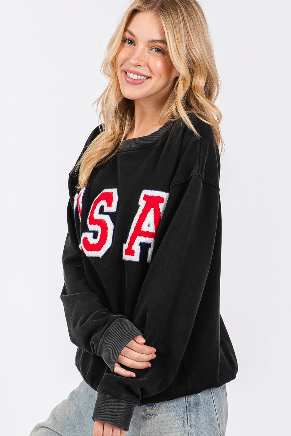 Sage + Fig USA Letter Patch Round Neck Sweatshirt - Tigbul's Variety Fashion Shop