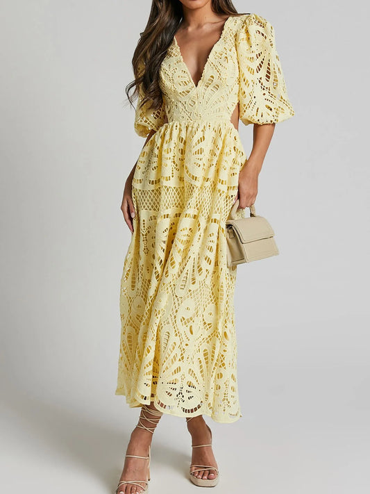 Cutout Back Lace Crochet V-Neck Dress - Tigbul's Variety Fashion Shop