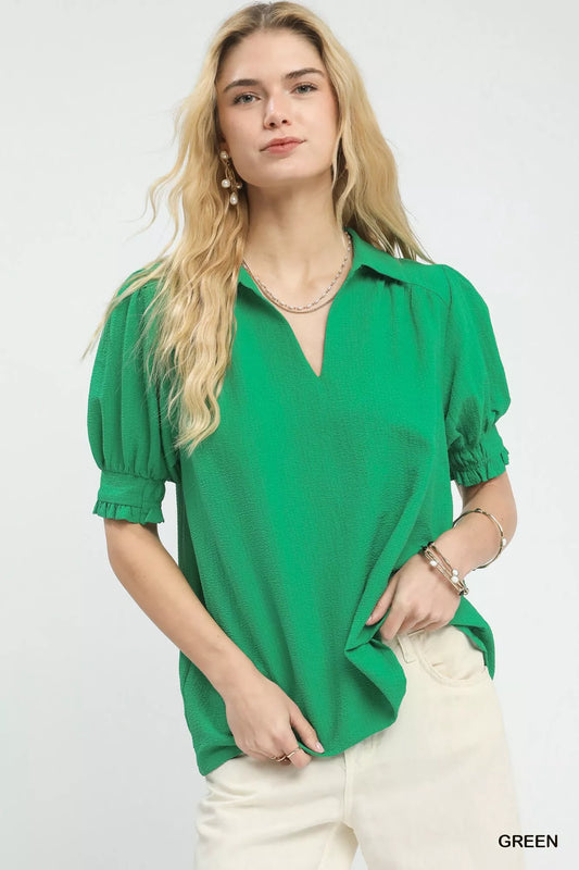 Umgee Seersucker Puff Sleeve Blouse - Tigbul's Variety Fashion Shop