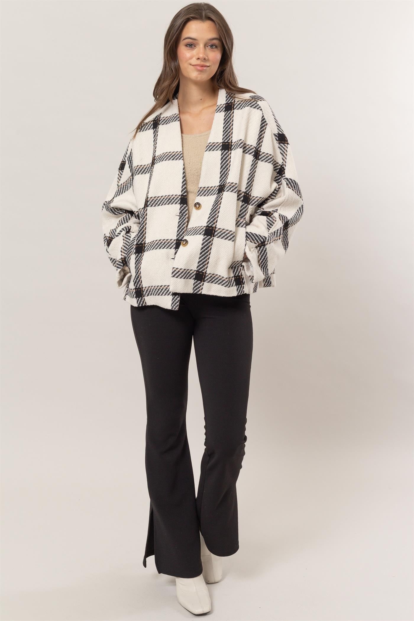 HYFVE Plaid Long Sleeve Jacket with Side Slit Pockets - Tigbul's Variety Fashion Shop