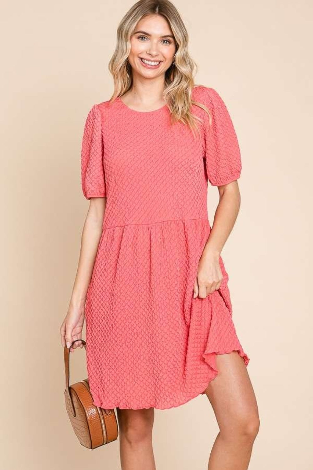 Culture Code Full Size Textured Round Neck Puff Sleeve Dress - Tigbul's Variety Fashion Shop