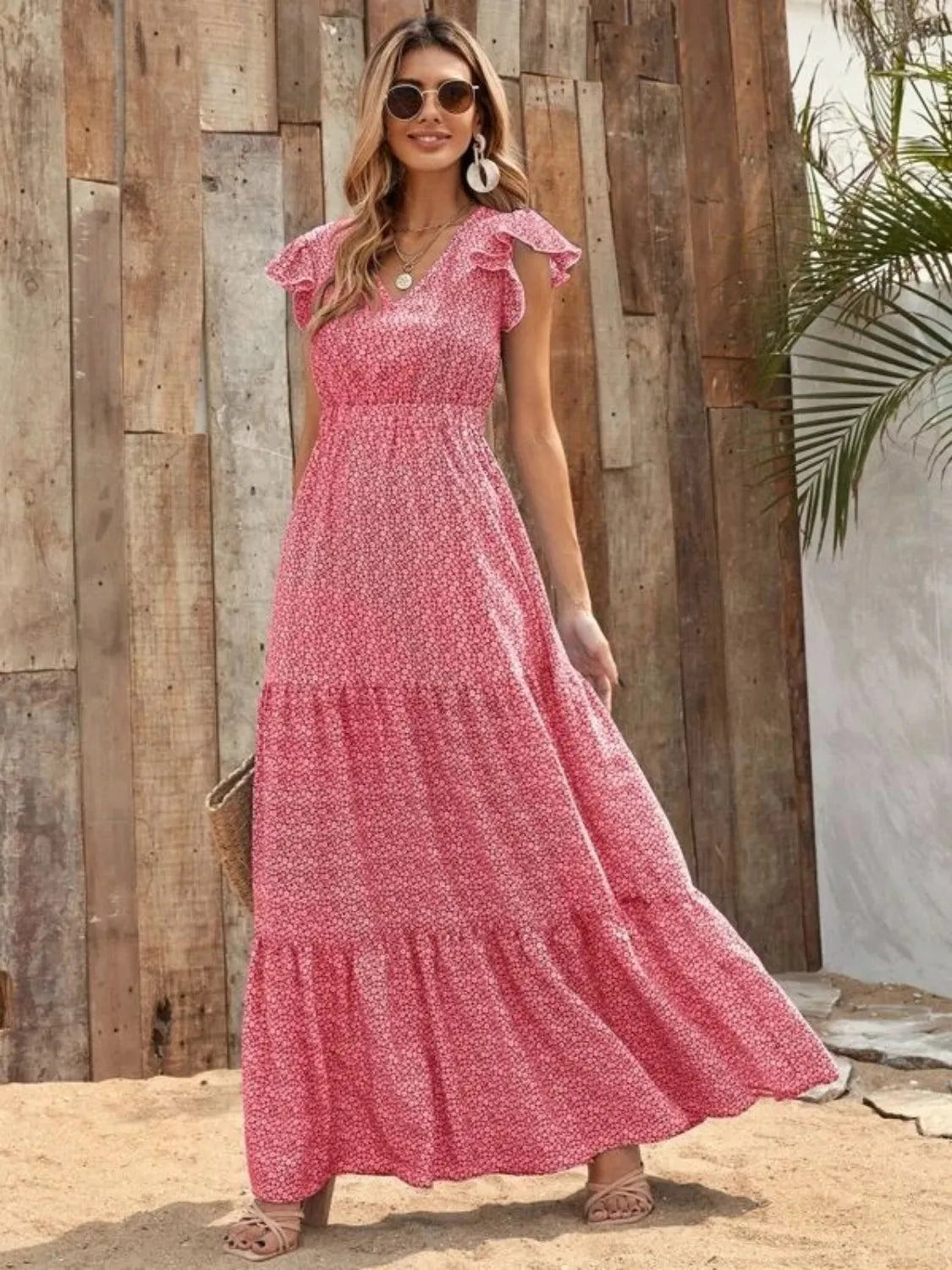 Printed V-Neck Ruffled Cap Sleeve Maxi Dress - Tigbul's Variety Fashion Shop