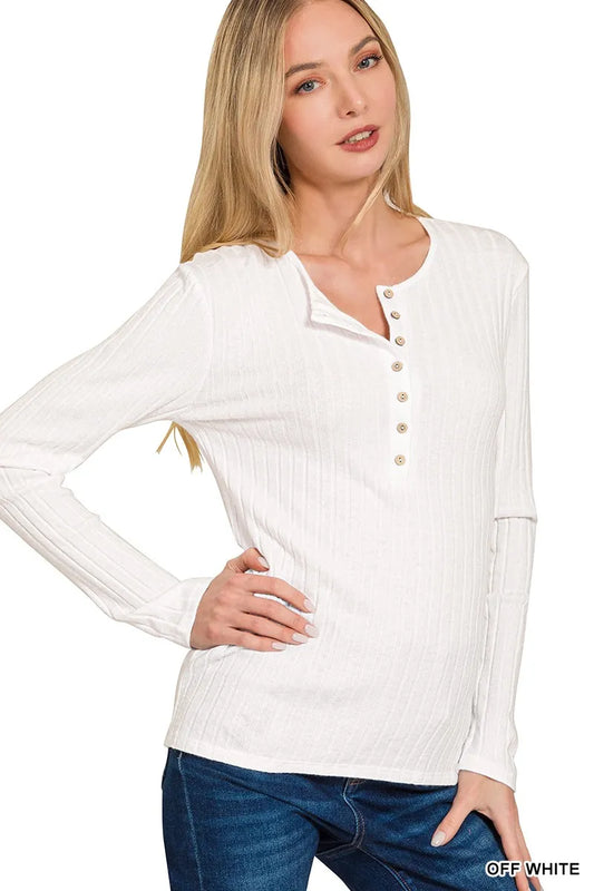 Zenana Ribbed Long Sleeve Half Button Top - Tigbul's Variety Fashion Shop