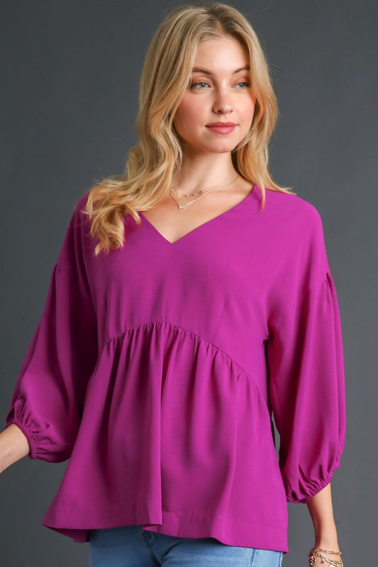 Red V-Neck Puffed 3/4 Sleeve Babydoll Blouse - Tigbul's Variety Fashion Shop