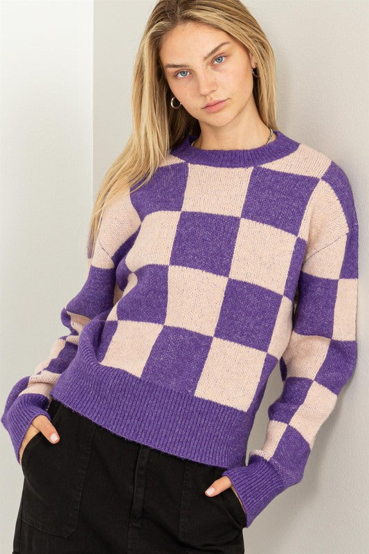Purple/Pink Checkered Long Sleeve Sweater - Tigbuls Variety Fashion