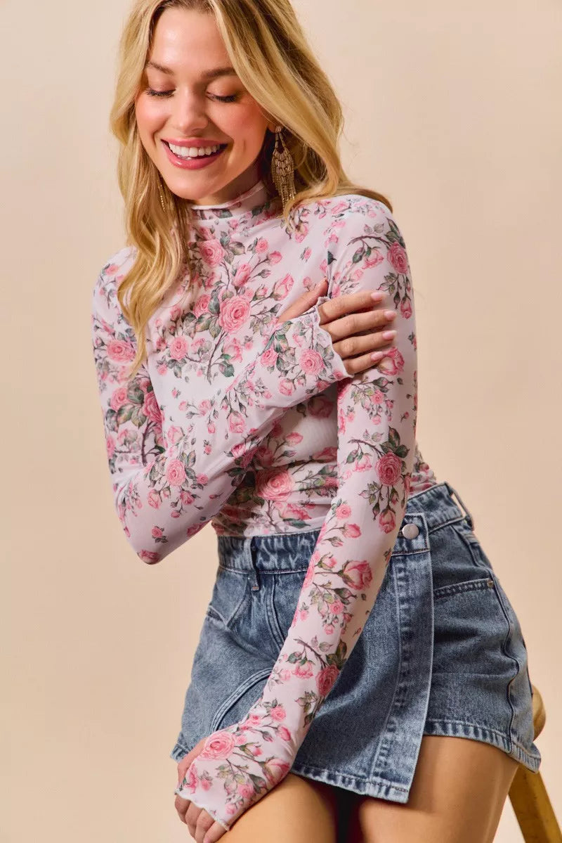 SO ME Floral Rose Print Mesh Sheer Layering Top - Tigbul's Variety Fashion Shop