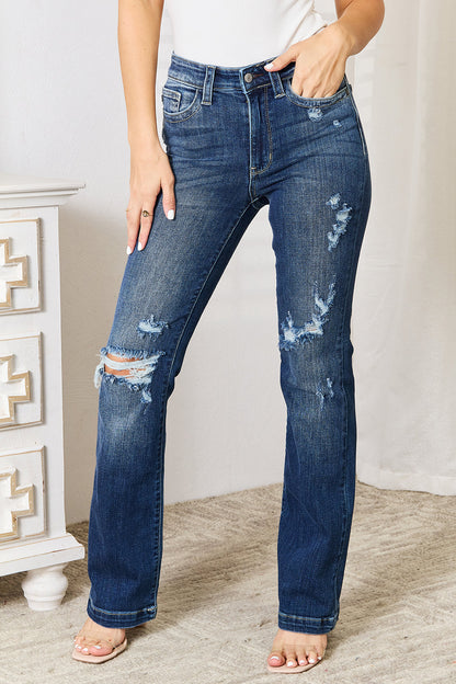 Judy Blue Full Size Mid Rise Hand Sand & Destroy Bootcut Jeans - Tigbul's Variety Fashion Shop