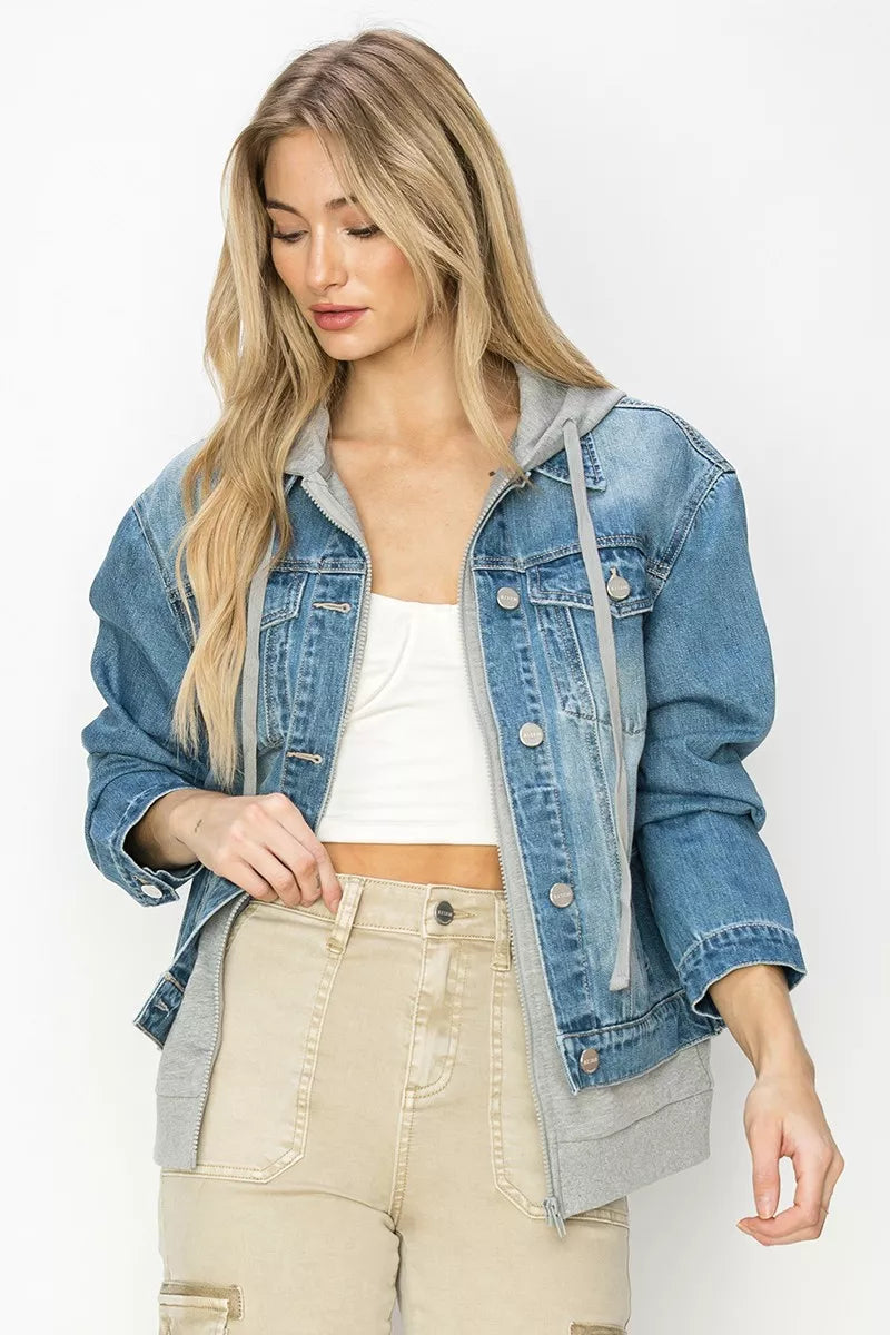 Risen oversized denim hoodie jacket, light blue wash with front button placket