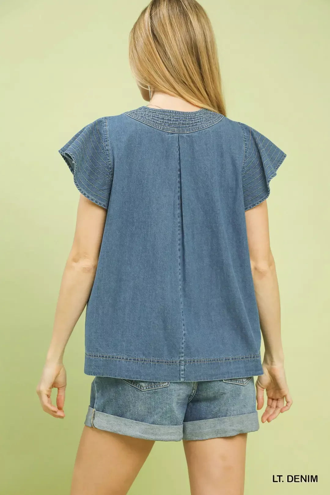 Light denim cap-sleeve top, back yoke seam and center back panel