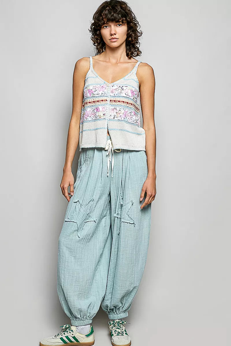 Cami im Set-Look: Knopfleiste vorne, V-Ausschnitt, blau-rosa Muster, Cream/Blue