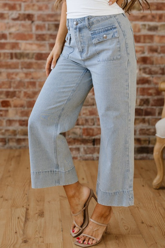 Eve Hem Wide Leg Jeans in sky blue stripe with large patch pockets and wide flared leg